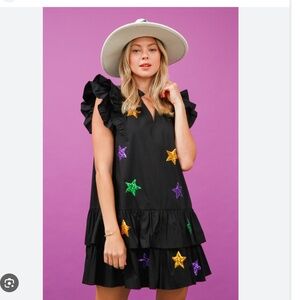 Mardi Gras Sequin Star Poplin  Ruffle Dress Size Medium  NWT